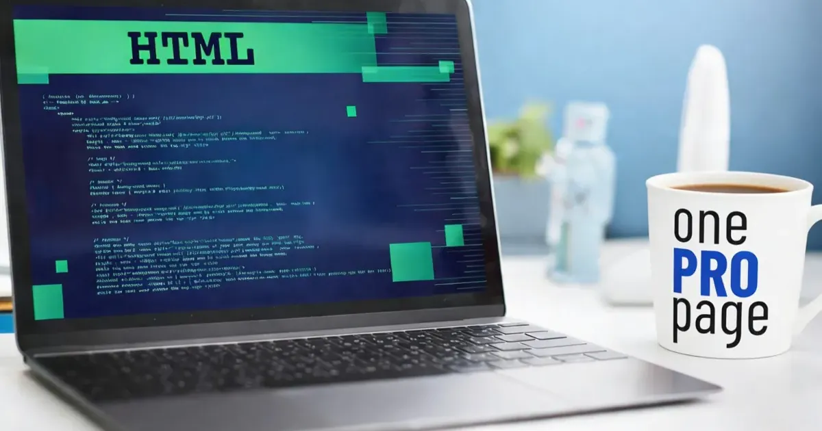 Laptop with HTML code and a One PRO Page coffee mug